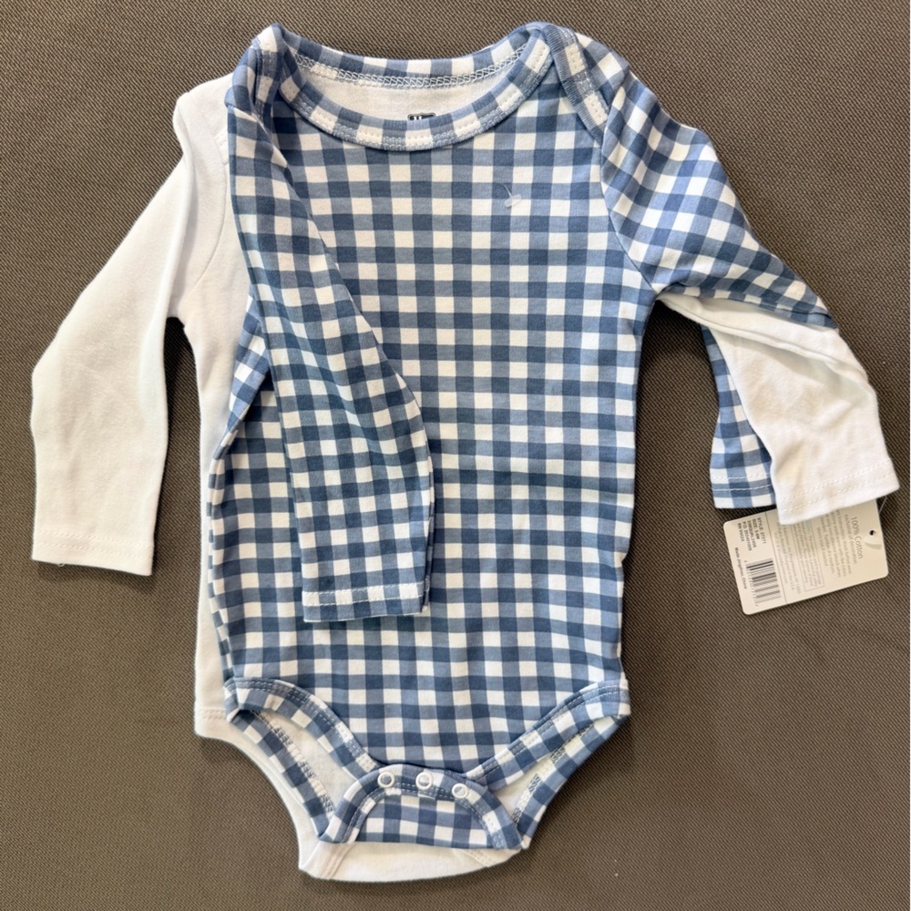 Blue and White Gingham Long-Sleeve Baby Bodysuit - Set of 2